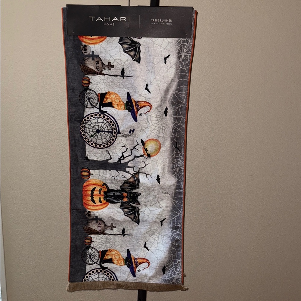 Tahari Home Halloween Table Runner 16 x 72” Cats Bats Pumpkins Webs Skulls